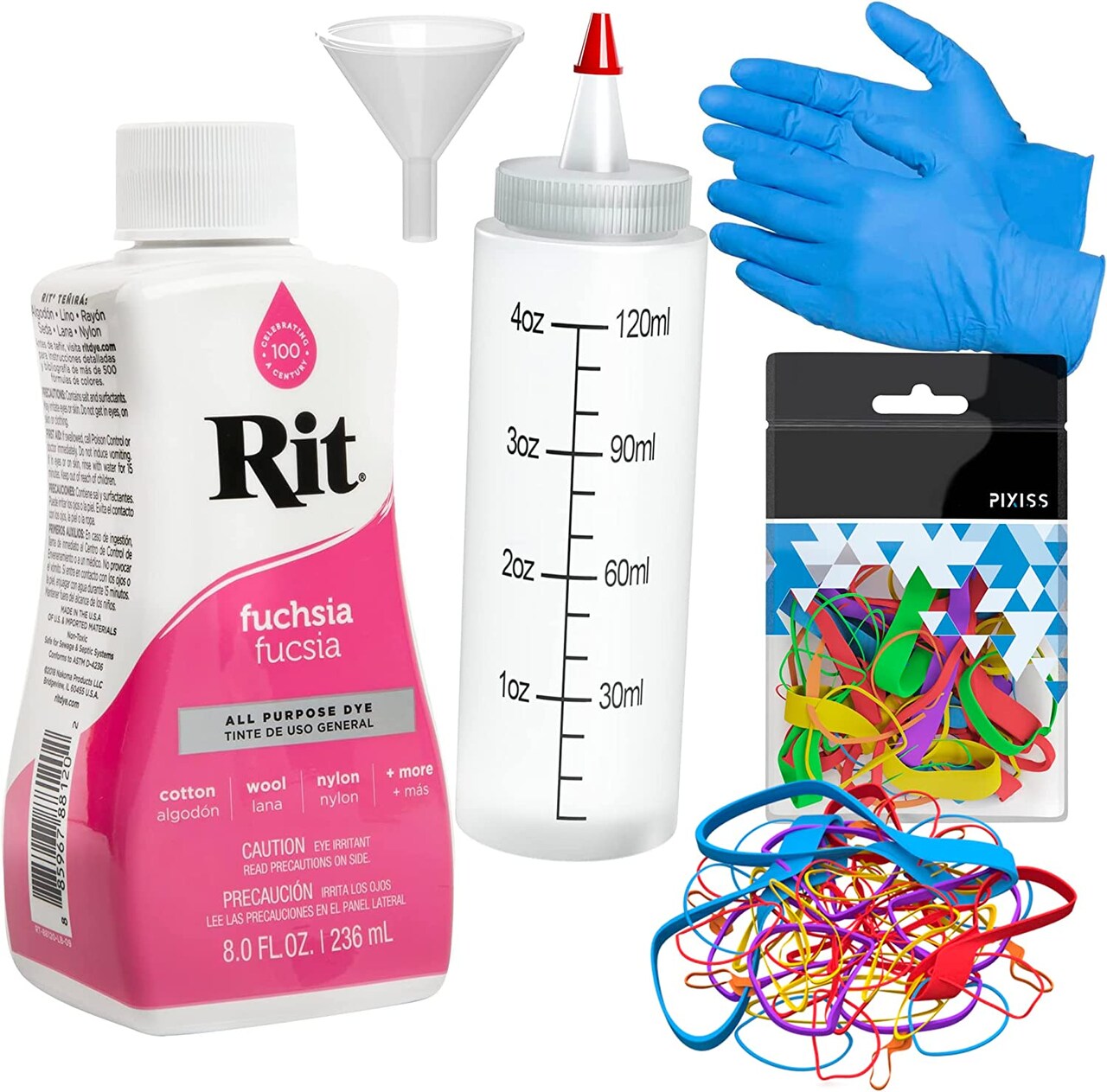 Rit Dye Liquid Fuchsia All-Purpose Dye 8oz, Pixiss Tie Dye Accessories Bundle